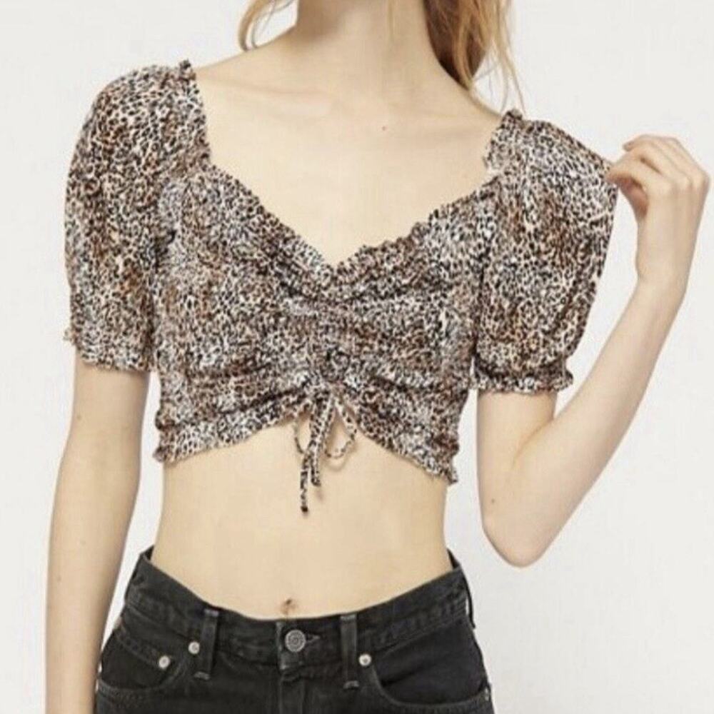 Urban Outfitters Womens Large Cheetah Print Short Sleeve Ruched Tie Bow Crop Top